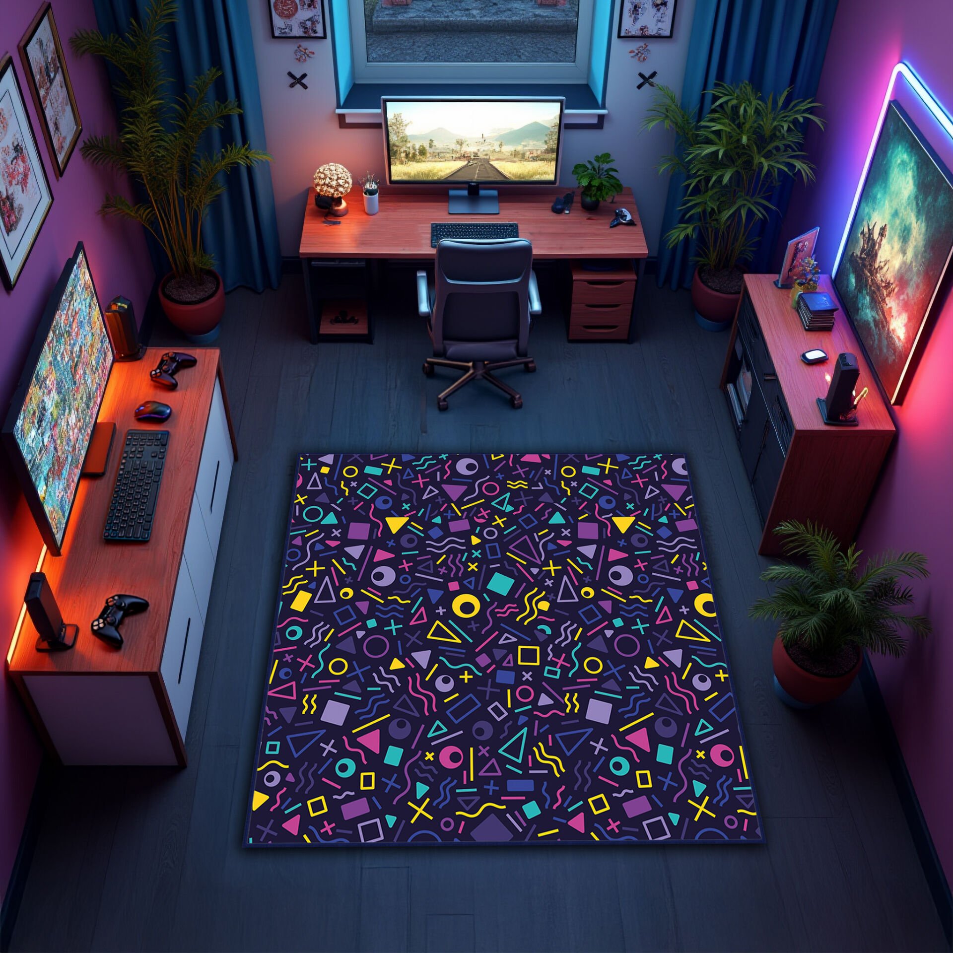 Vibrant Neon Symbols Rug – Ultimate Game Room Carpet with Retro Gaming Vibes