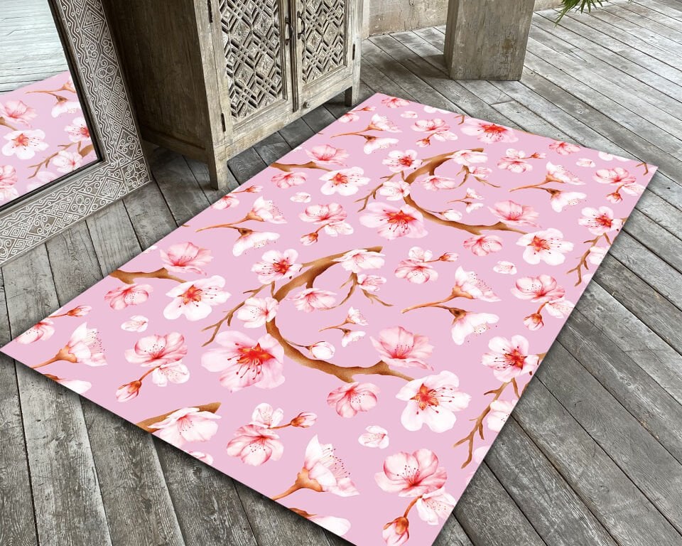 Japanese Cherry Blossom Rug Pink Sakura Floral Pattern Carpet for Zen Home Living Room Decor