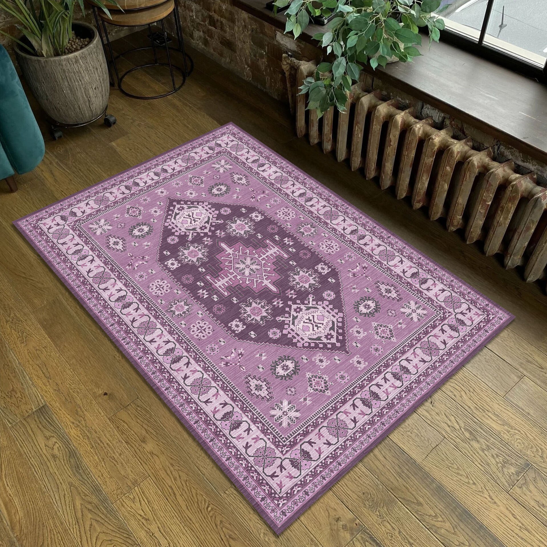 Ethnic Patterned Boho Style Decorative Rug in Purple and Lilac Tones