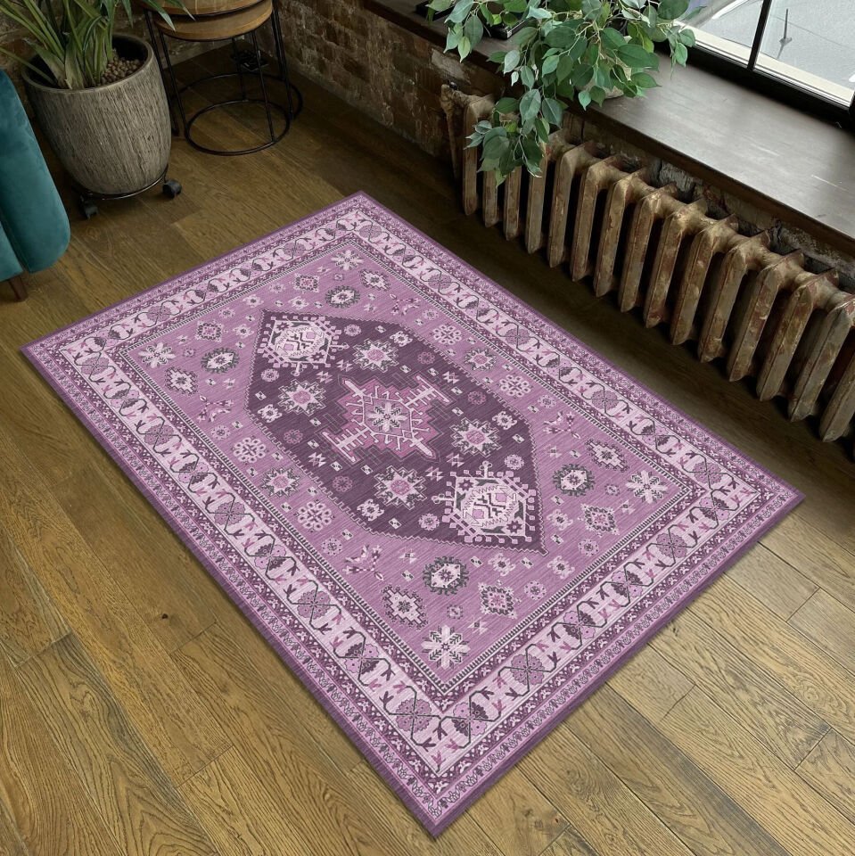 Ethnic Patterned Boho Style Decorative Rug in Purple and Lilac Tones