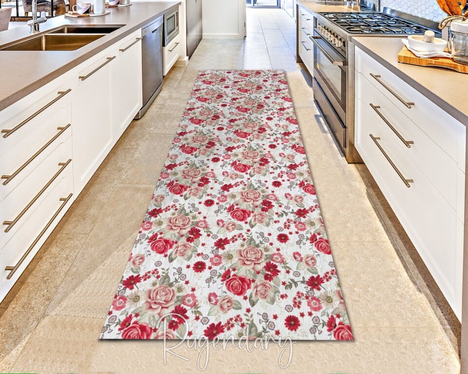 Vintage Red Rose Runner Rug – Romantic Floral Hallway Carpet with Beige Accents