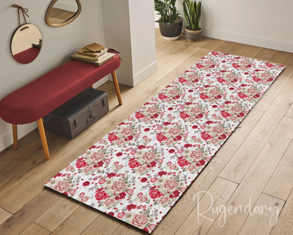 Vintage Red Rose Runner Rug – Romantic Floral Hallway Carpet with Beige Accents