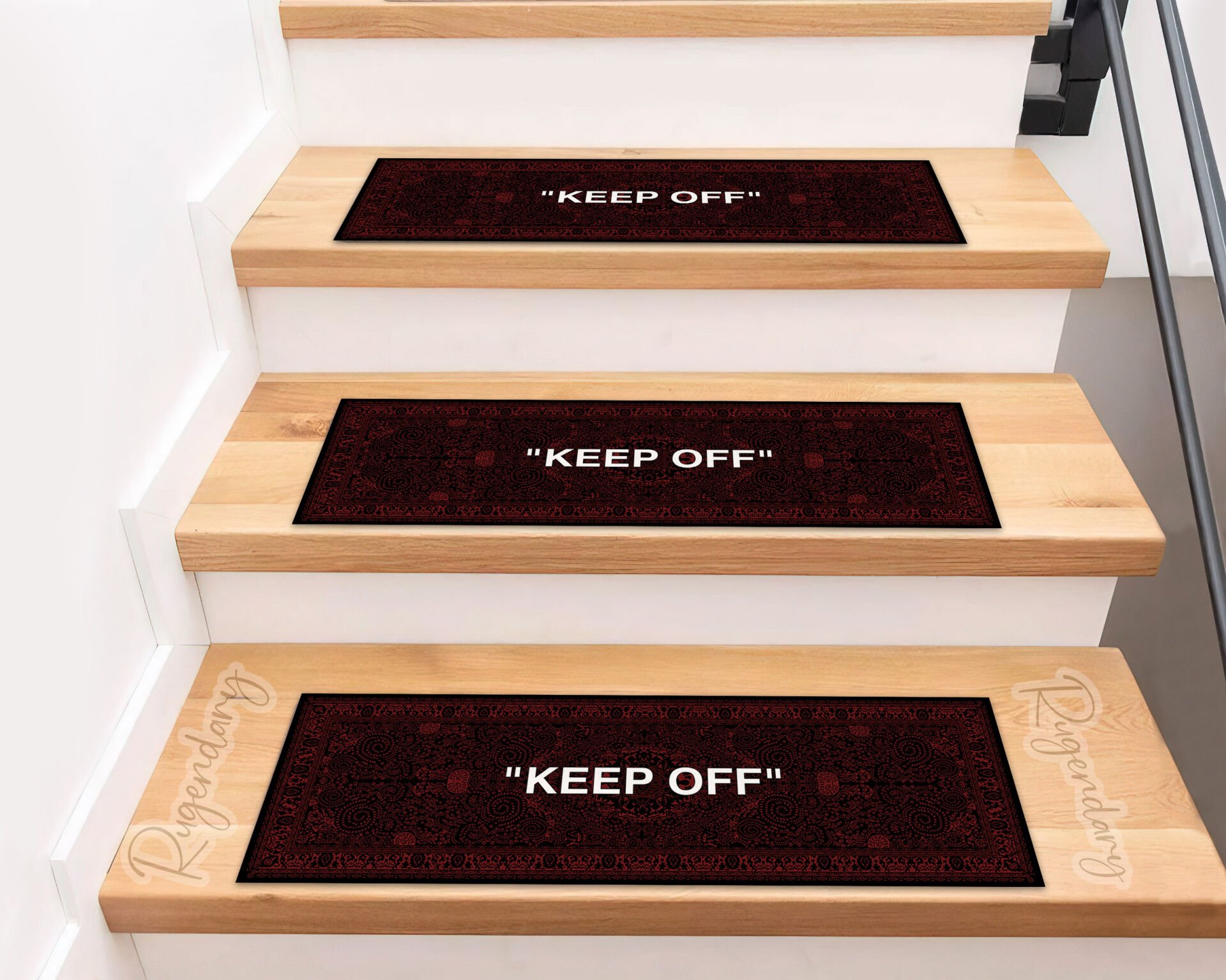 Modern Black & Red Stair Mat with “KEEP OFF” Quote – Stylish Non-Slip Step Rug