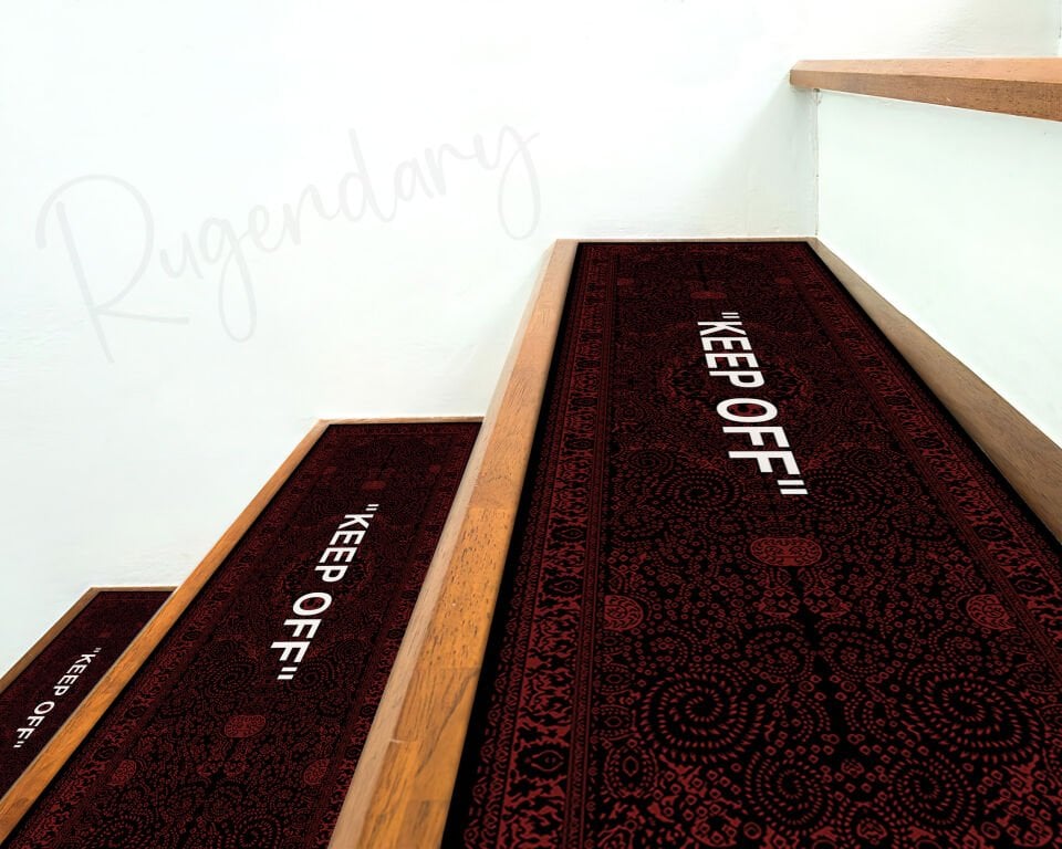 Modern Black & Red Stair Mat with “KEEP OFF” Quote – Stylish Non-Slip Step Rug