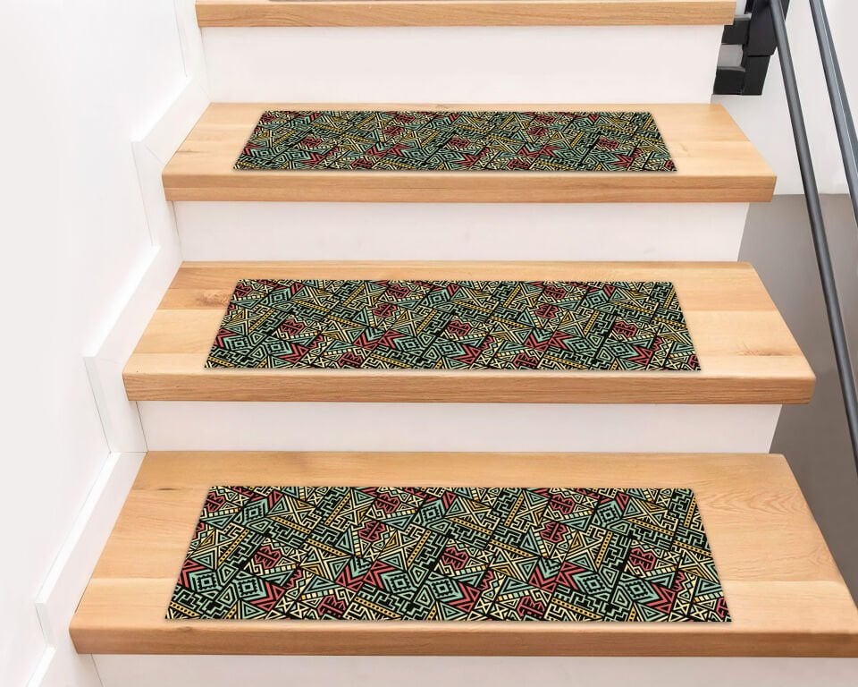 Colorful Tribal Geometric Stair Treads – Red, Yellow & Teal Pattern