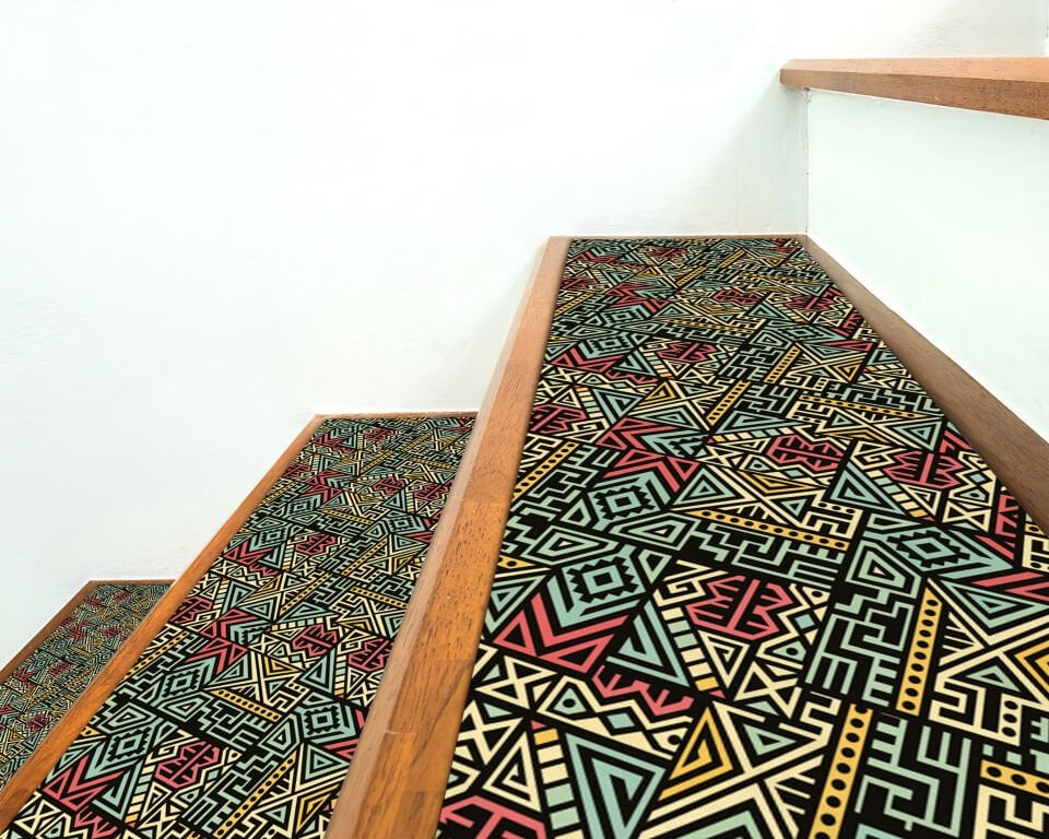 Colorful Tribal Geometric Stair Treads – Red, Yellow & Teal Pattern