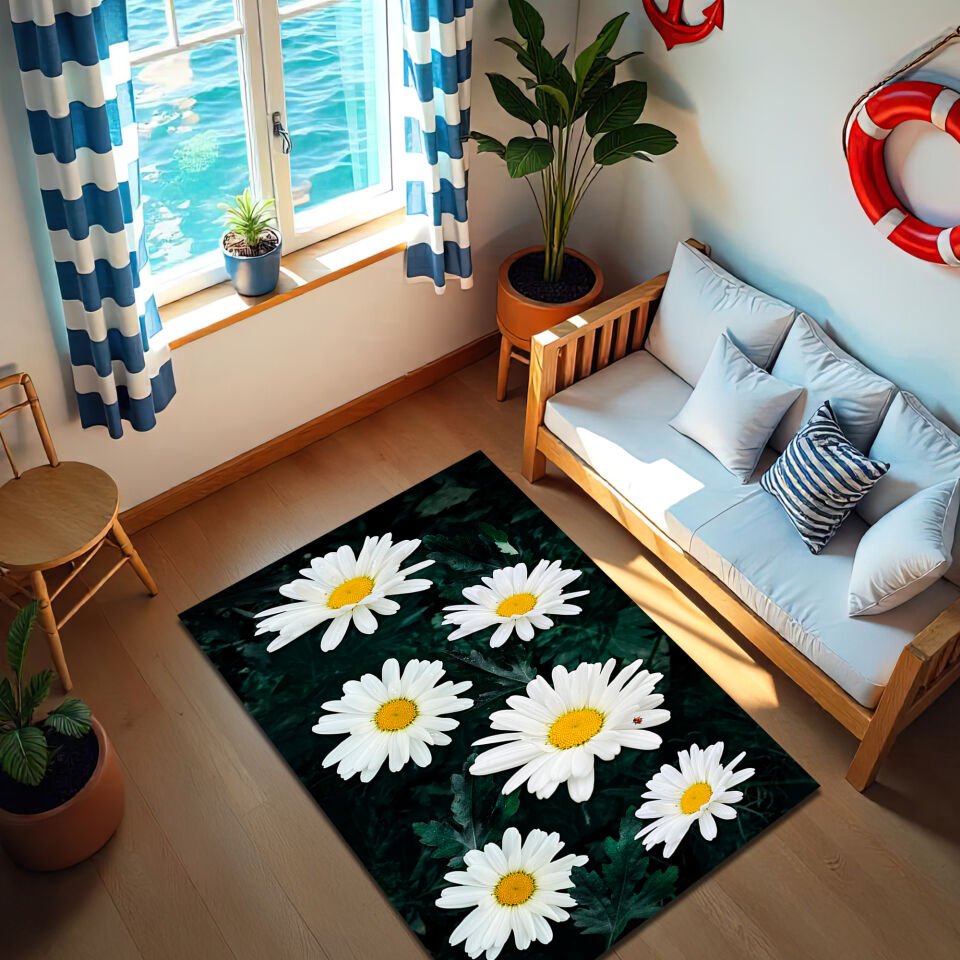 Daisy Flower Area Rug – White Floral Carpet with Green Leaf Background