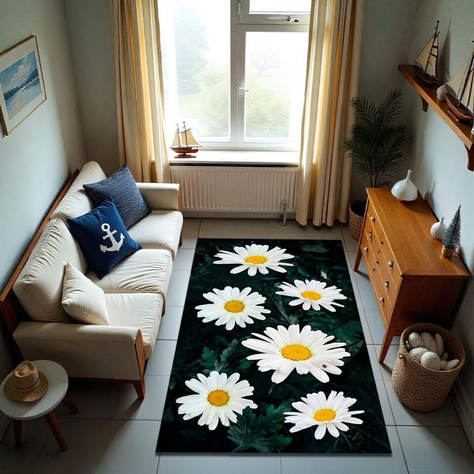Daisy Flower Area Rug – White Floral Carpet with Green Leaf Background