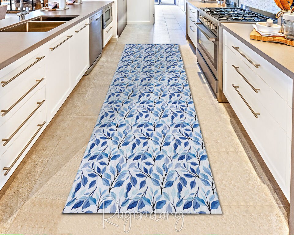 Blue Leaf Runner Rug – Modern Botanical Hallway & Entryway Carpet