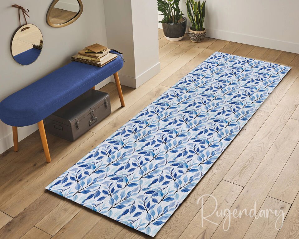 Blue Leaf Runner Rug – Modern Botanical Hallway & Entryway Carpet