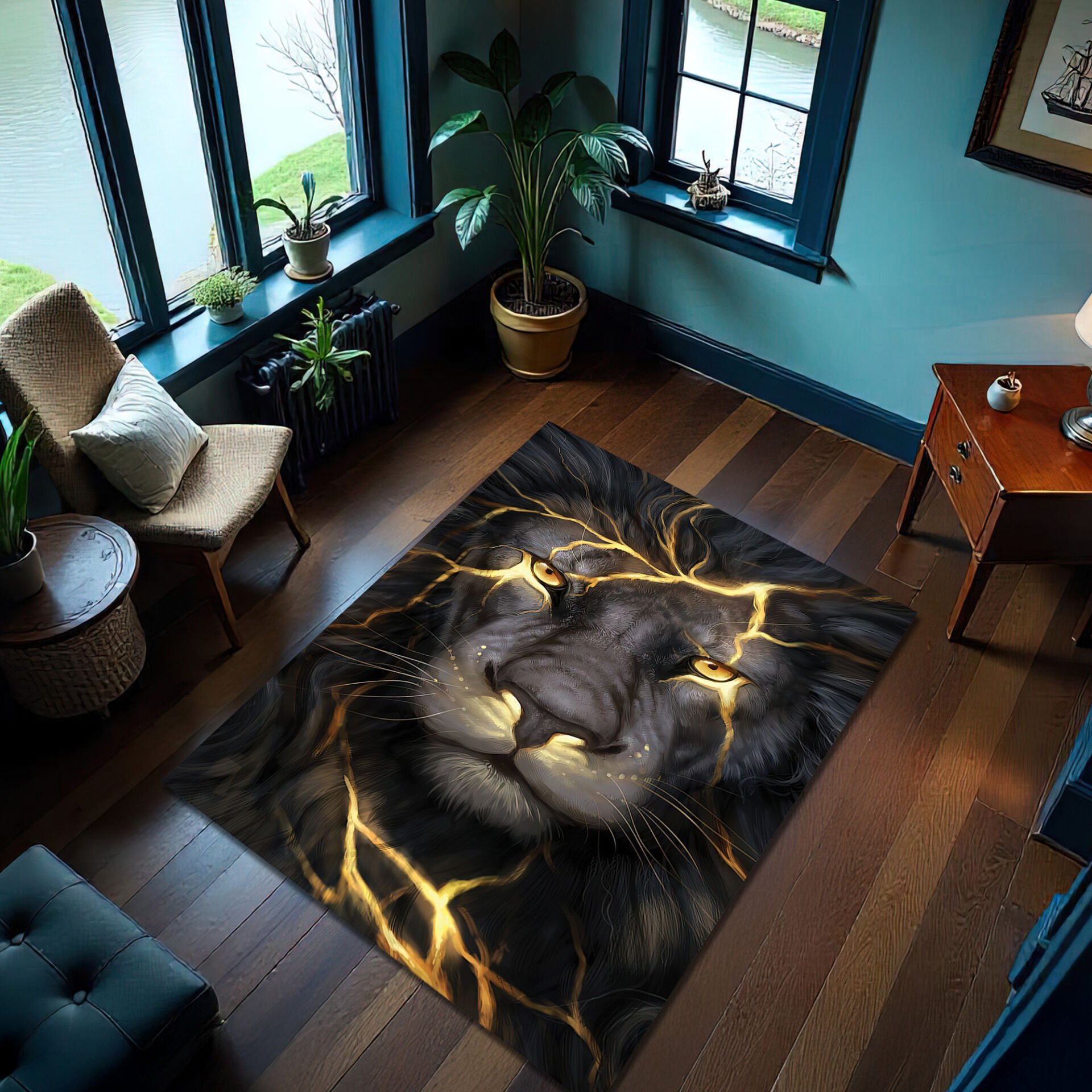Black Lion Rug with Golden Lightning – Bold Animal Design Carpet