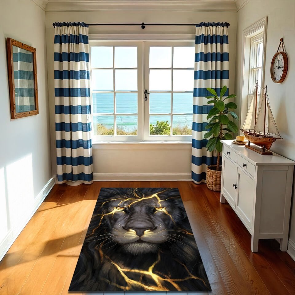 Black Lion Rug with Golden Lightning – Bold Animal Design Carpet