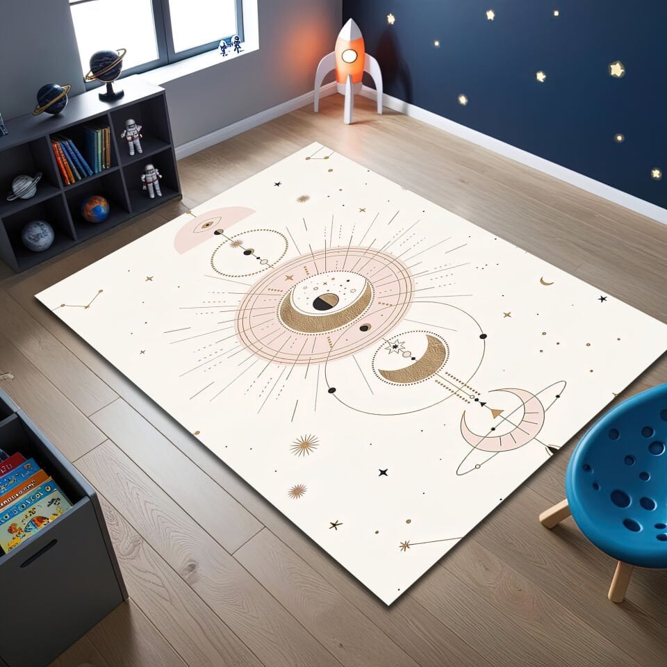 Minimalist Moon Phases and Constellations Kids Rug – Soft Cream and Blush Space Design