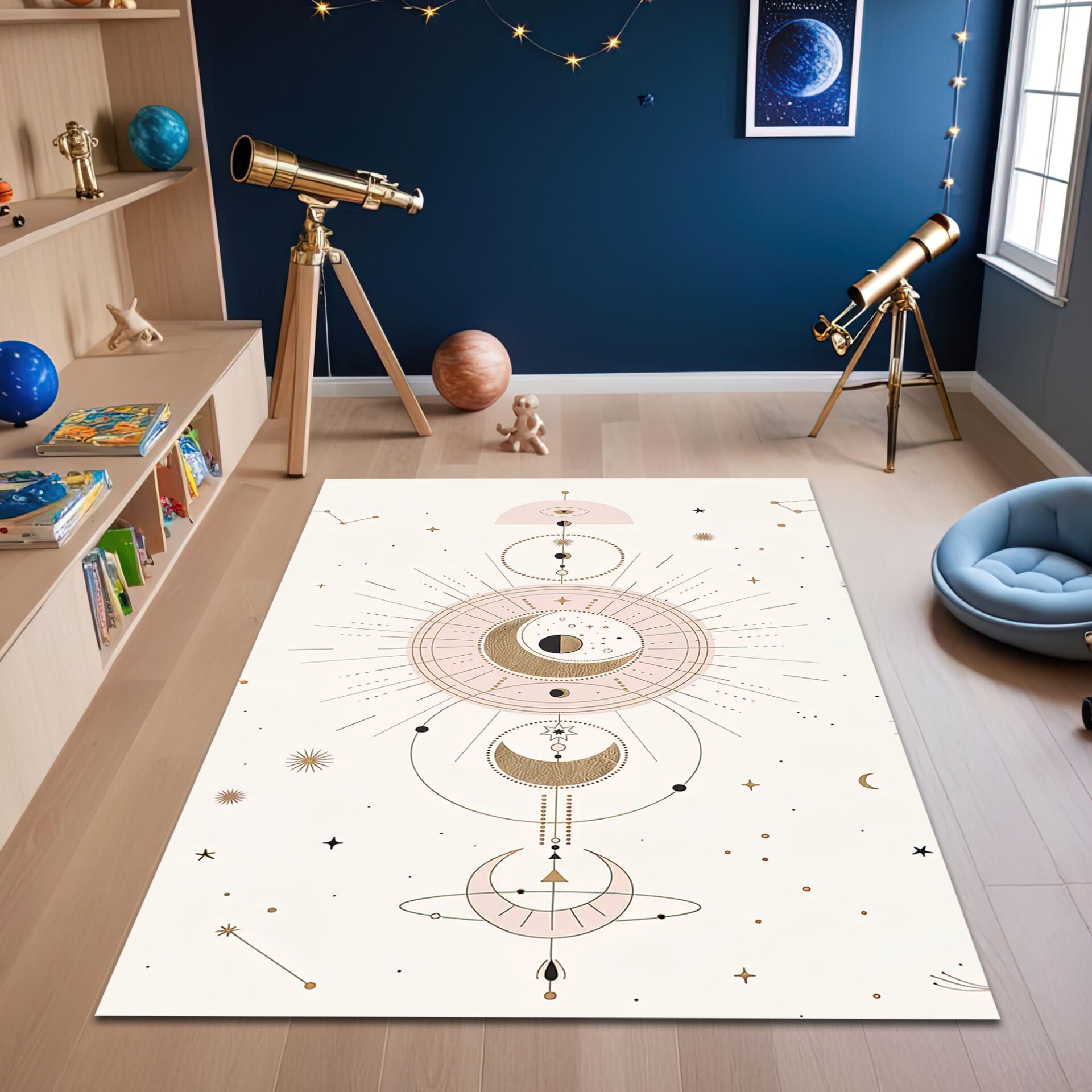 Minimalist Moon Phases and Constellations Kids Rug – Soft Cream and Blush Space Design