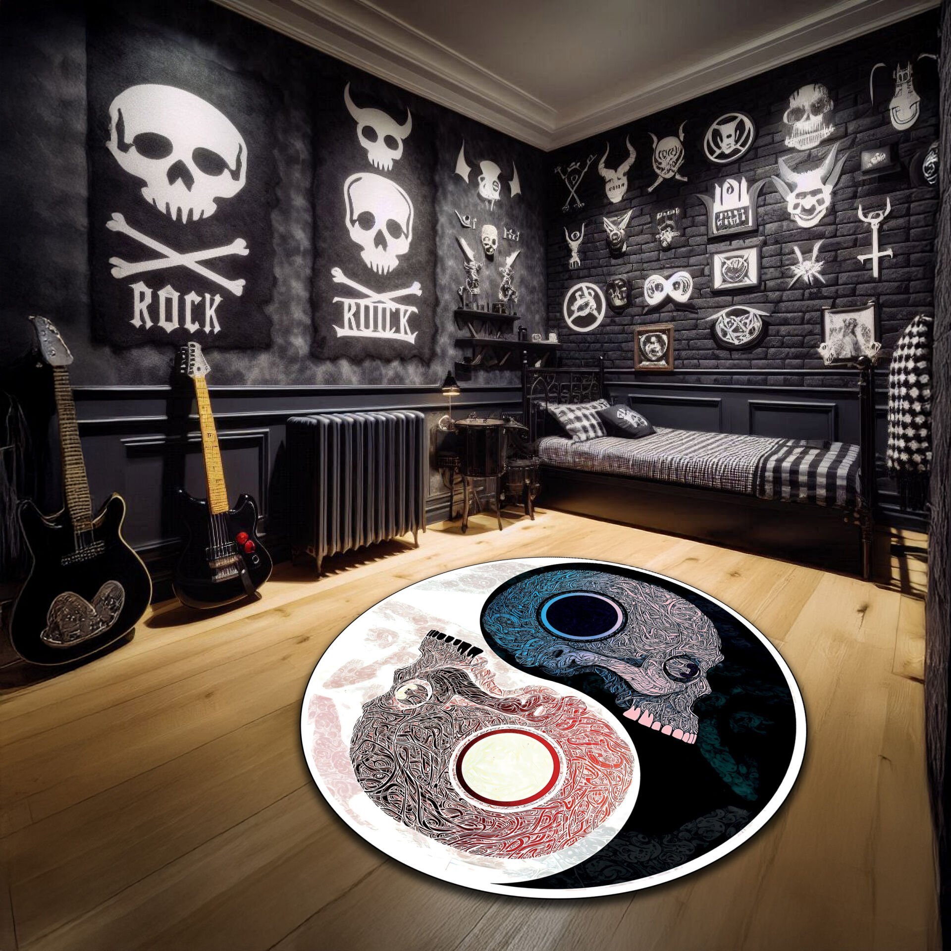 Yin Yang Skull Round Rug – Intricate Dual Skull Design for Gothic and Alternative Room Decoration