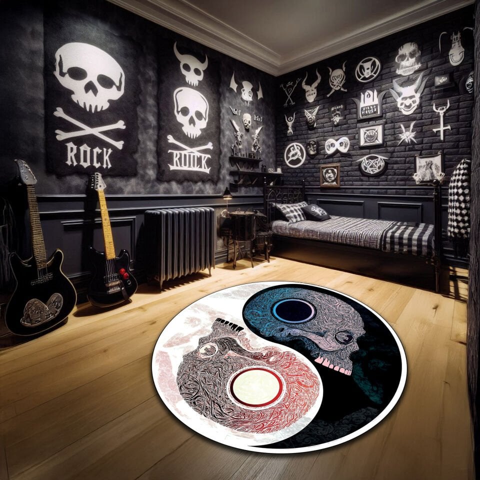 Yin Yang Skull Round Rug – Intricate Dual Skull Design for Gothic and Alternative Room Decoration