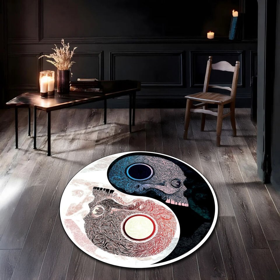 Yin Yang Skull Round Rug – Intricate Dual Skull Design for Gothic and Alternative Room Decoration