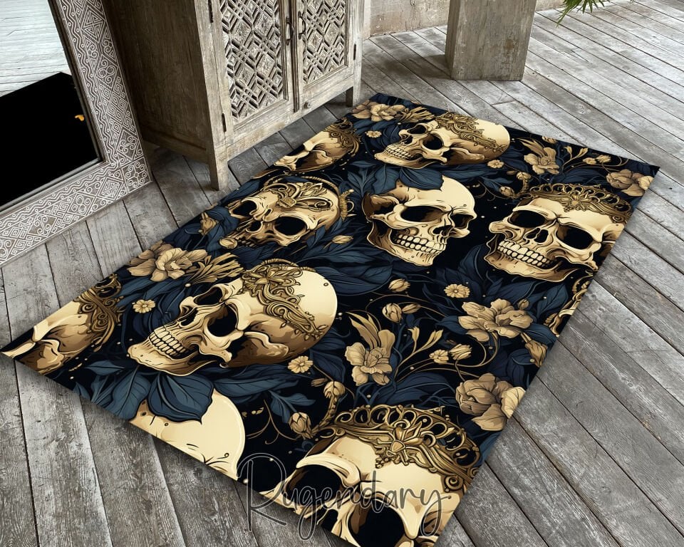Golden Skull Crown Gothic Rug – Dark Floral Elegant Carpet