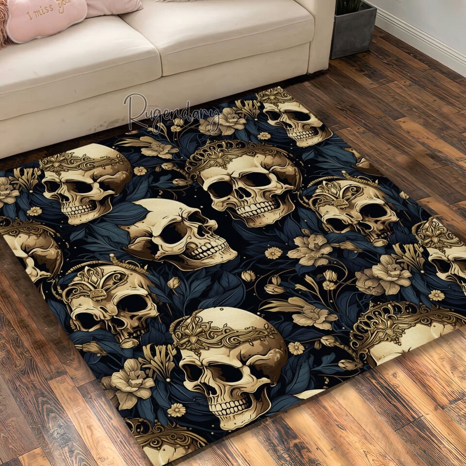 Golden Skull Crown Gothic Rug – Dark Floral Elegant Carpet