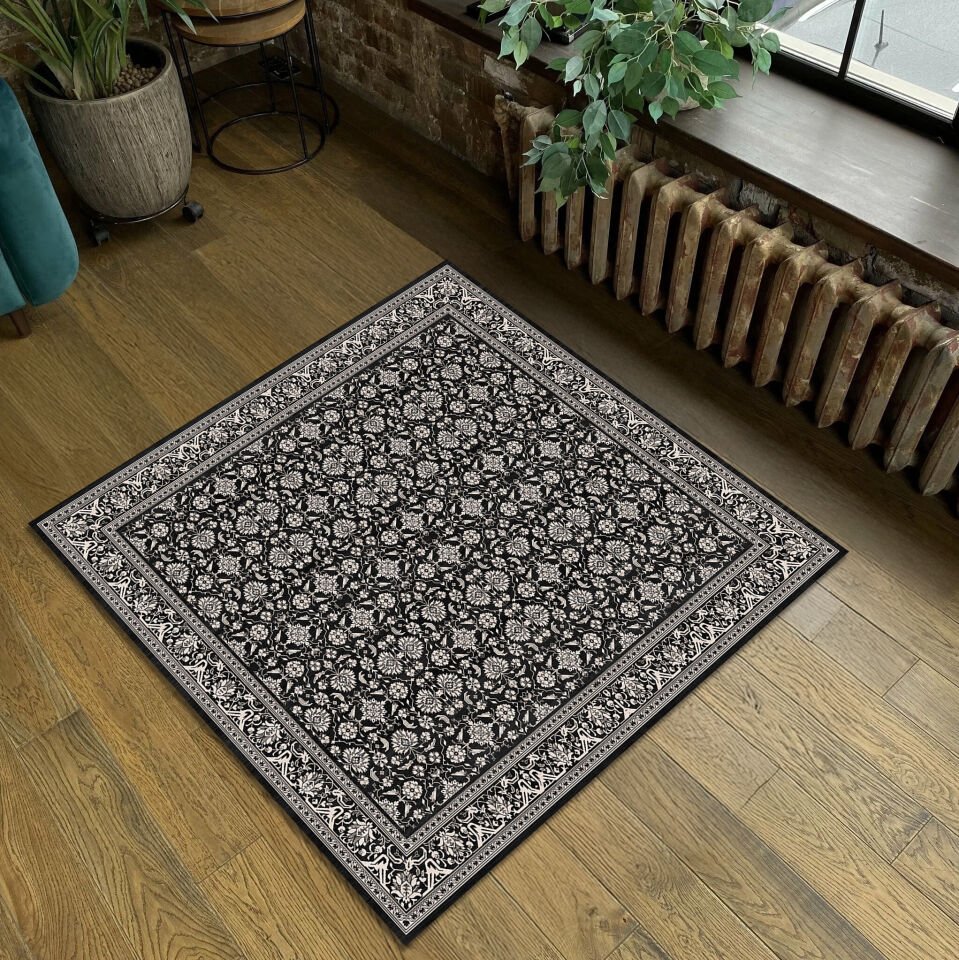 Black & White Square Area Rug – Classic Floral Pattern Carpet for Living Room