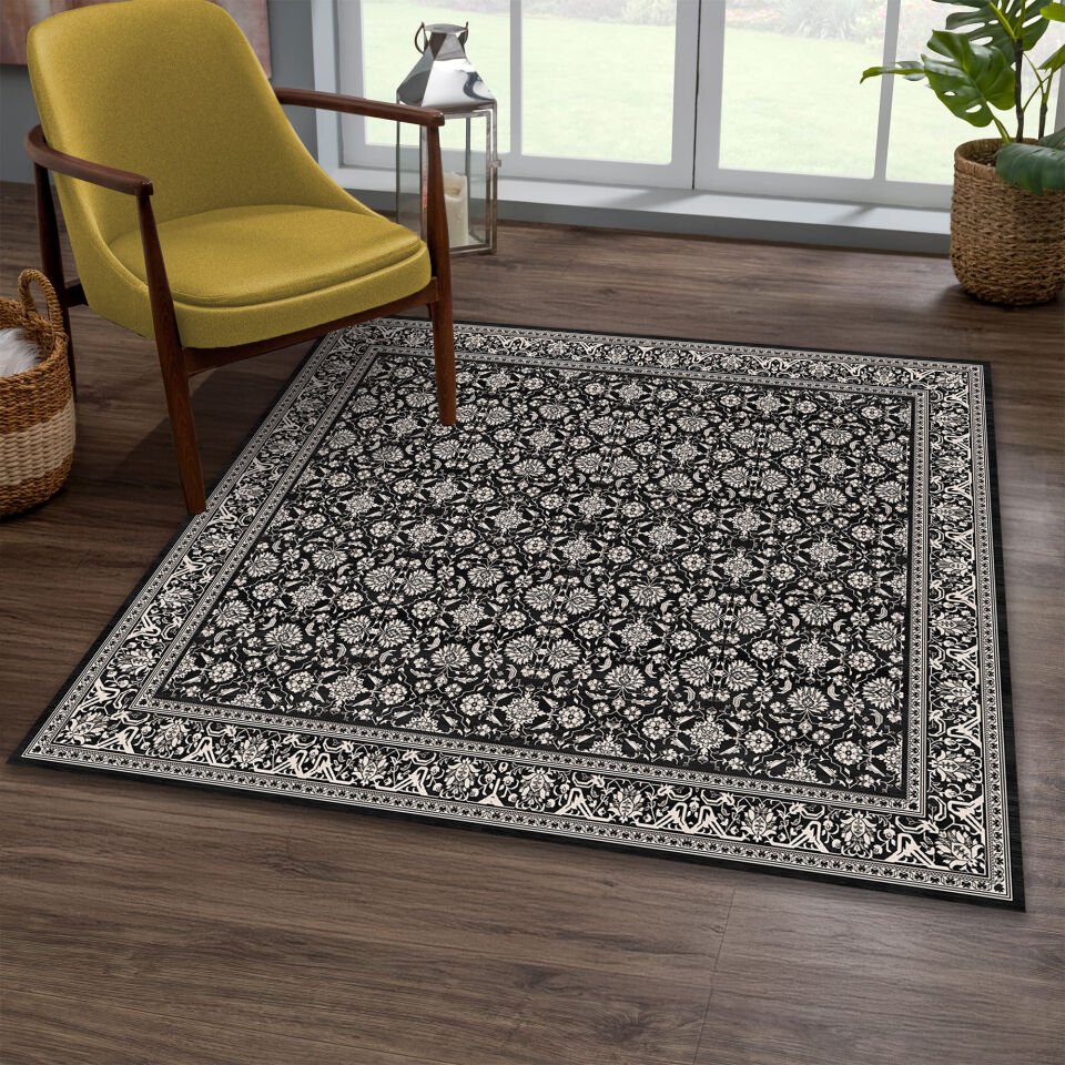 Black & White Square Area Rug – Classic Floral Pattern Carpet for Living Room