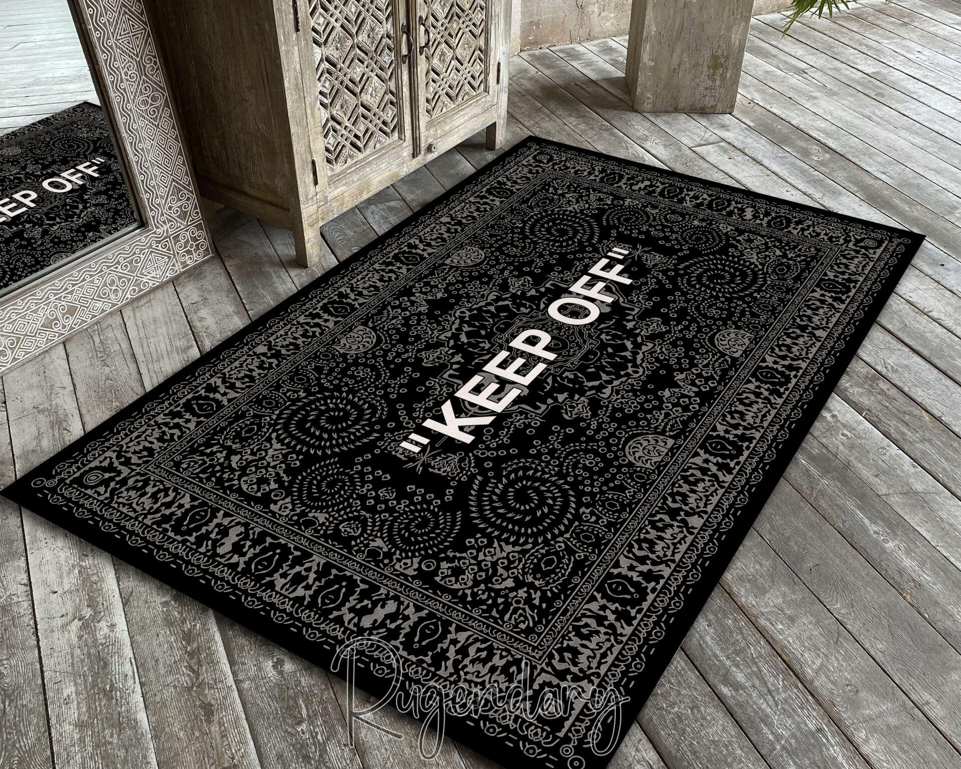 Black Modern Area Rug with ''KEEP OFF'' Quote – Bold Living Room & Bedroom Carpet