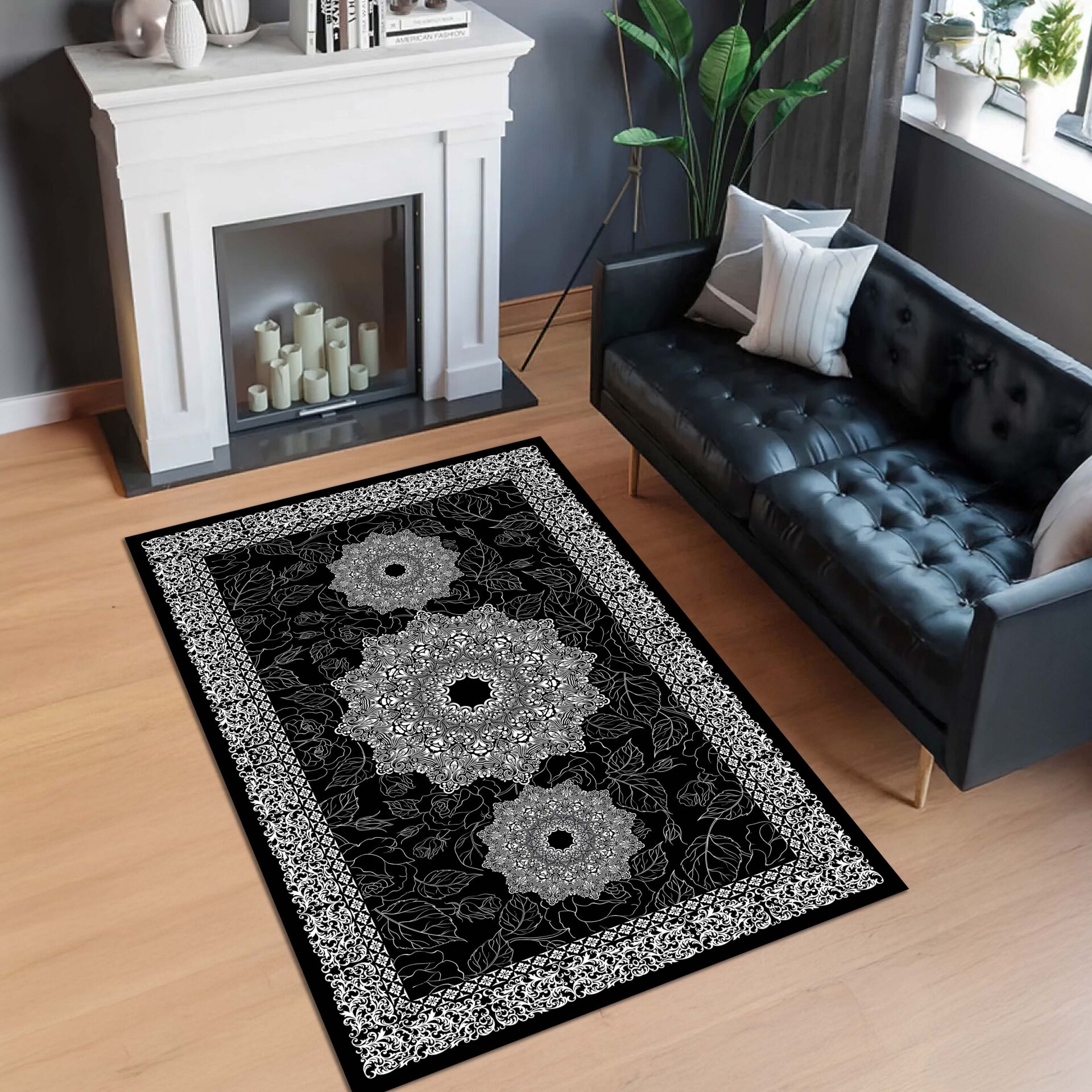 Black Medallion Rug Elegant Oriental Pattern Decorative Carpet