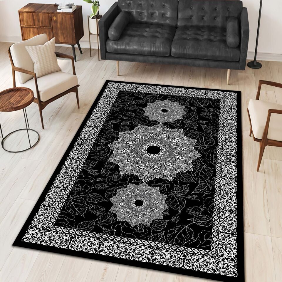 Black Medallion Rug Elegant Oriental Pattern Decorative Carpet
