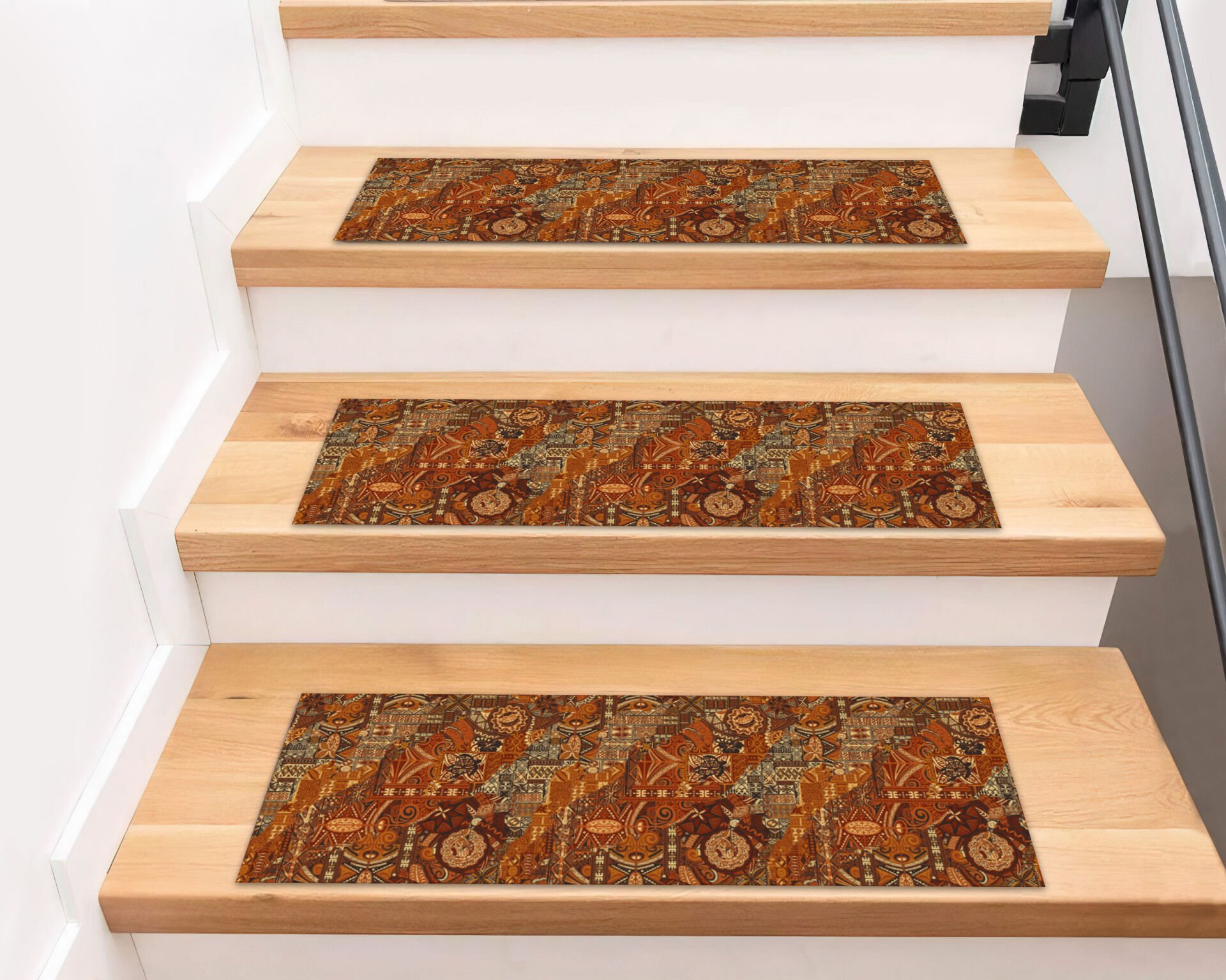 Rustic Ethnic Patchwork Stair Treads – Warm Earth Tone Non-Slip Stair Mats