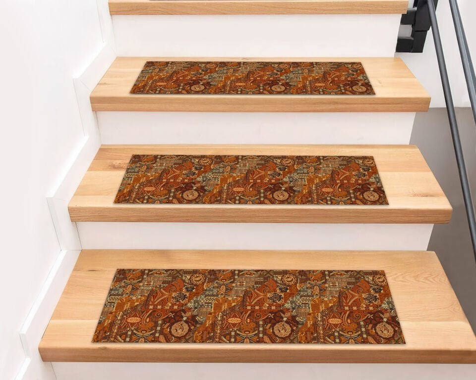 Rustic Ethnic Patchwork Stair Treads – Warm Earth Tone Non-Slip Stair Mats