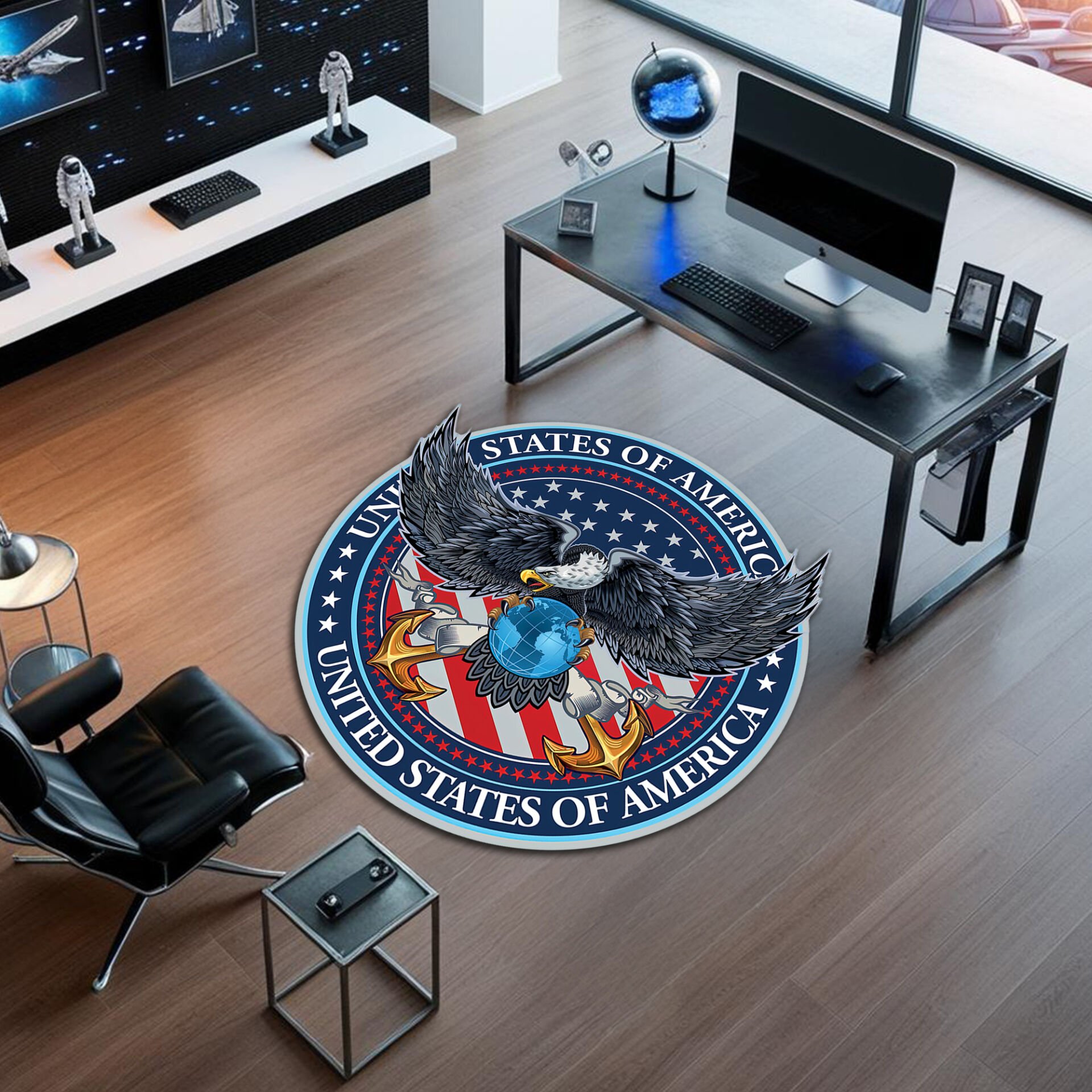 Dynamic USA Eagle & Globe Round Office Rug – Patriotic American Emblem
