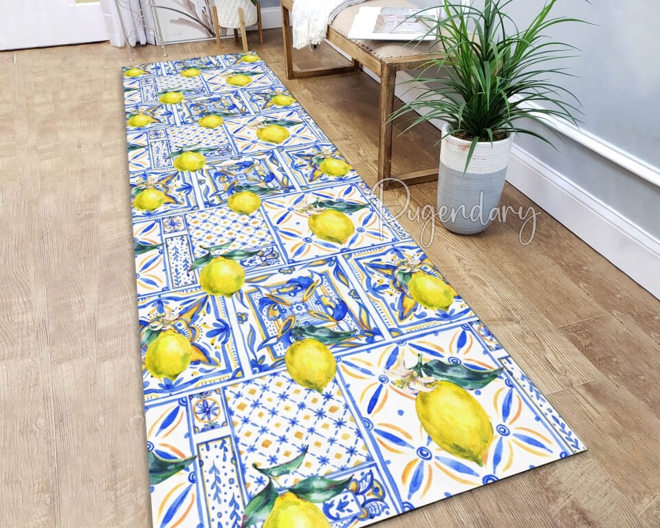 Lemon Print Mediterranean Runner Rug – Colorful Kitchen & Hallway Carpet