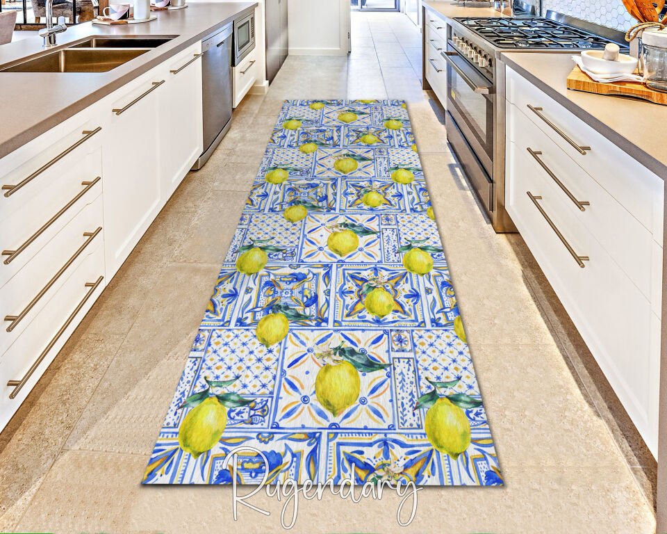 Lemon Print Mediterranean Runner Rug – Colorful Kitchen & Hallway Carpet