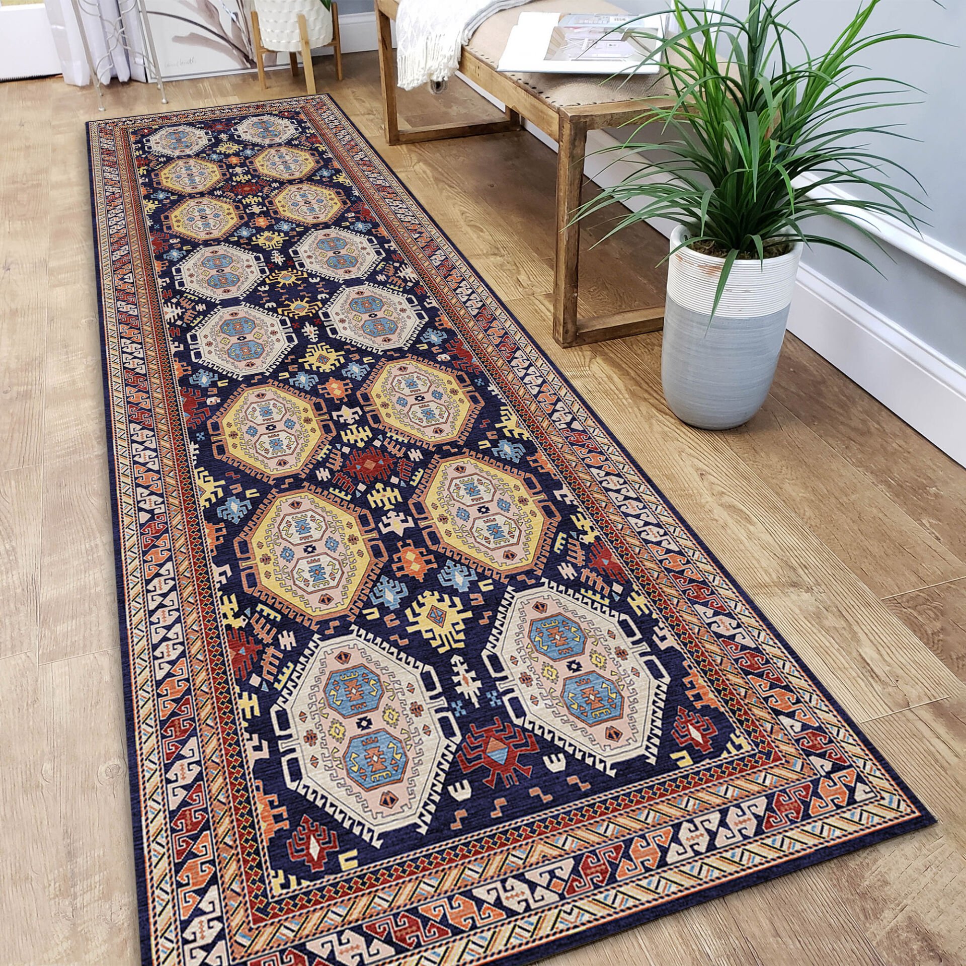 Navy Blue Oriental Runner Rug Geometric Tribal Pattern Decorative Carpet