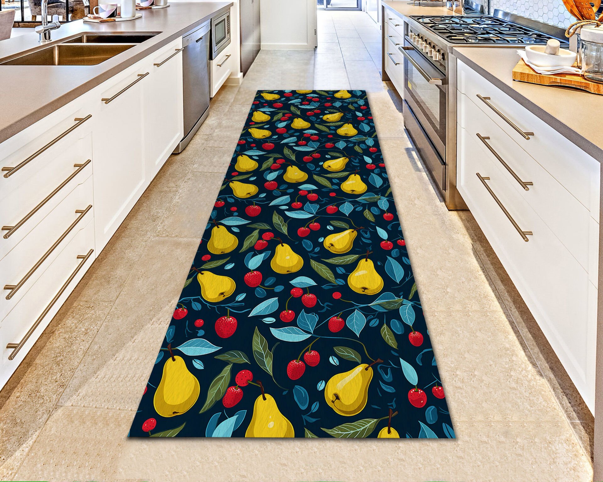 Pear & Cherry Kitchen Runner Rug – Colorful Fruit Design Non-Slip Floor Mat