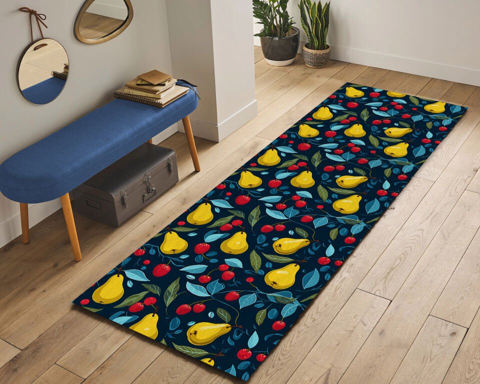 Pear & Cherry Kitchen Runner Rug – Colorful Fruit Design Non-Slip Floor Mat