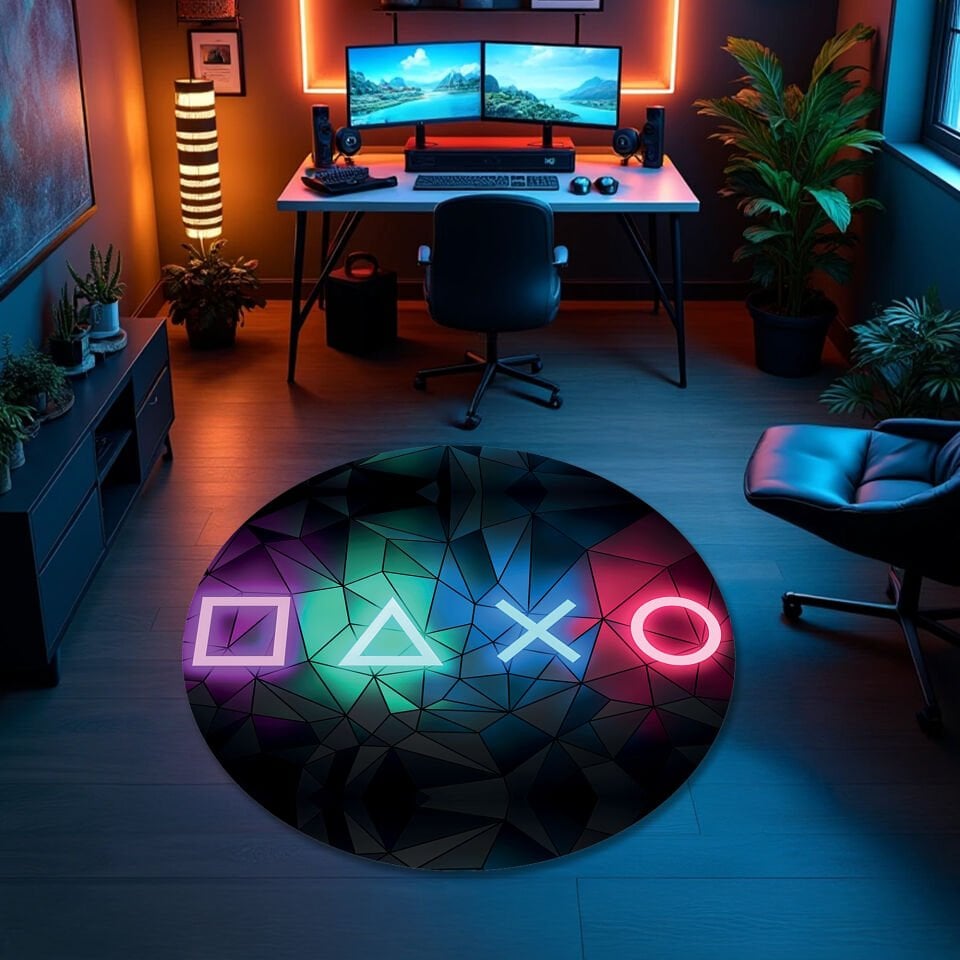 Round Neon Gamer Symbols Rug – Colorful Geometric Gaming Carpet for Game Room Decor