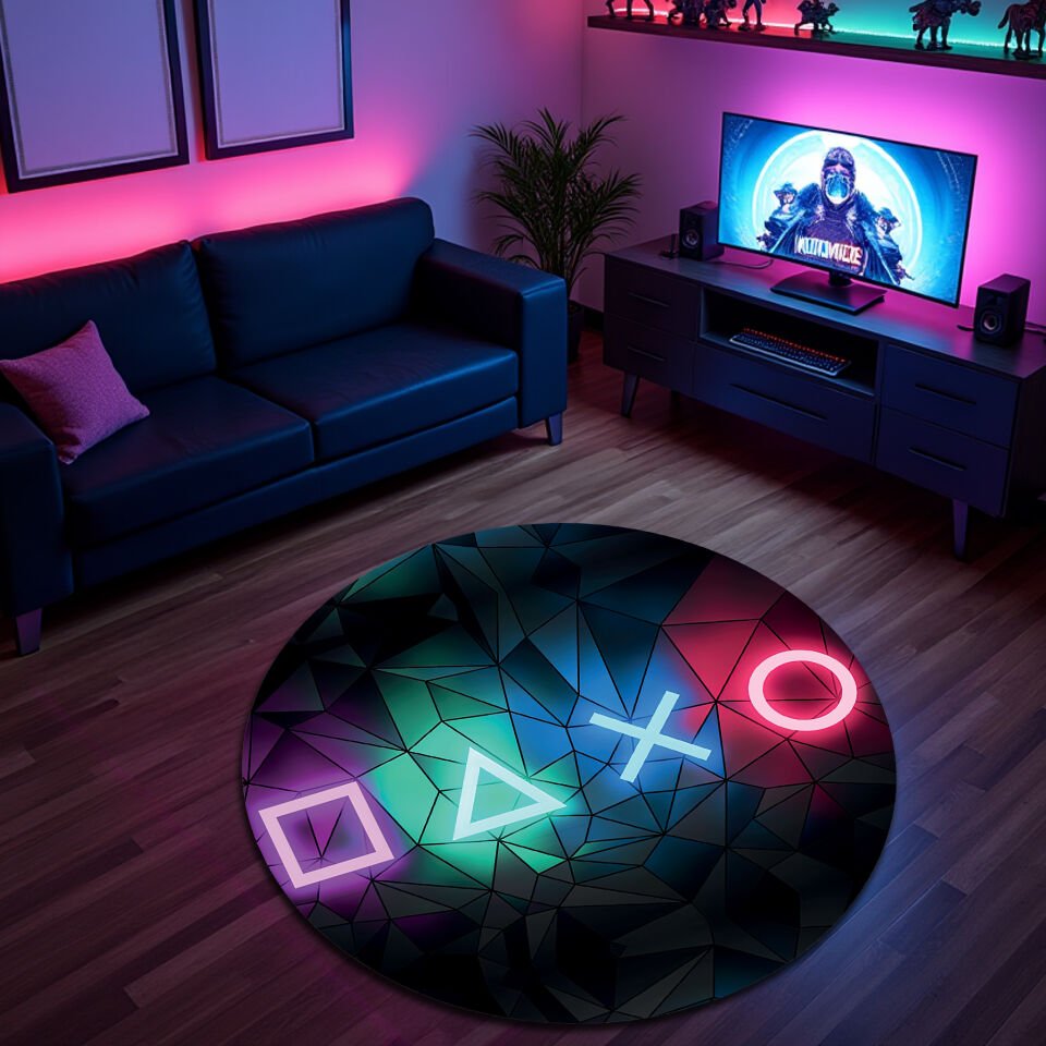 Round Neon Gamer Symbols Rug – Colorful Geometric Gaming Carpet for Game Room Decor