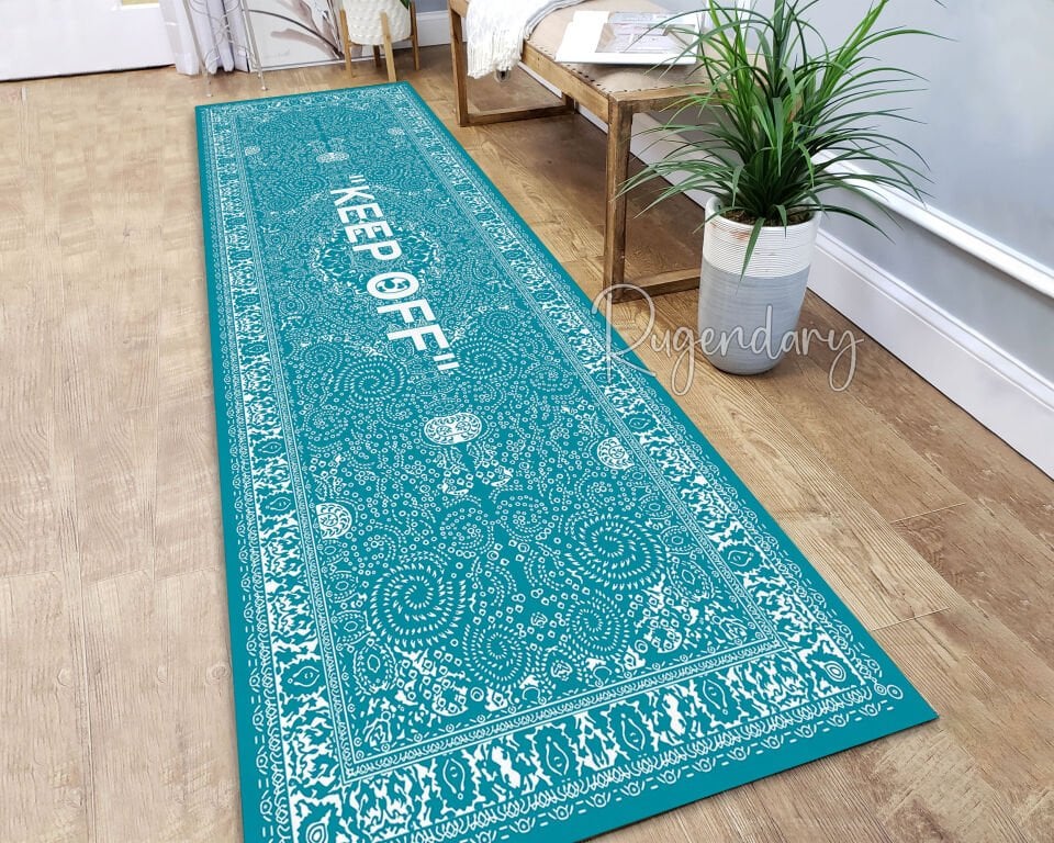 Turquoise Runner Rug with ''KEEP OFF'' Quote – Modern Decorative Hallway Carpet