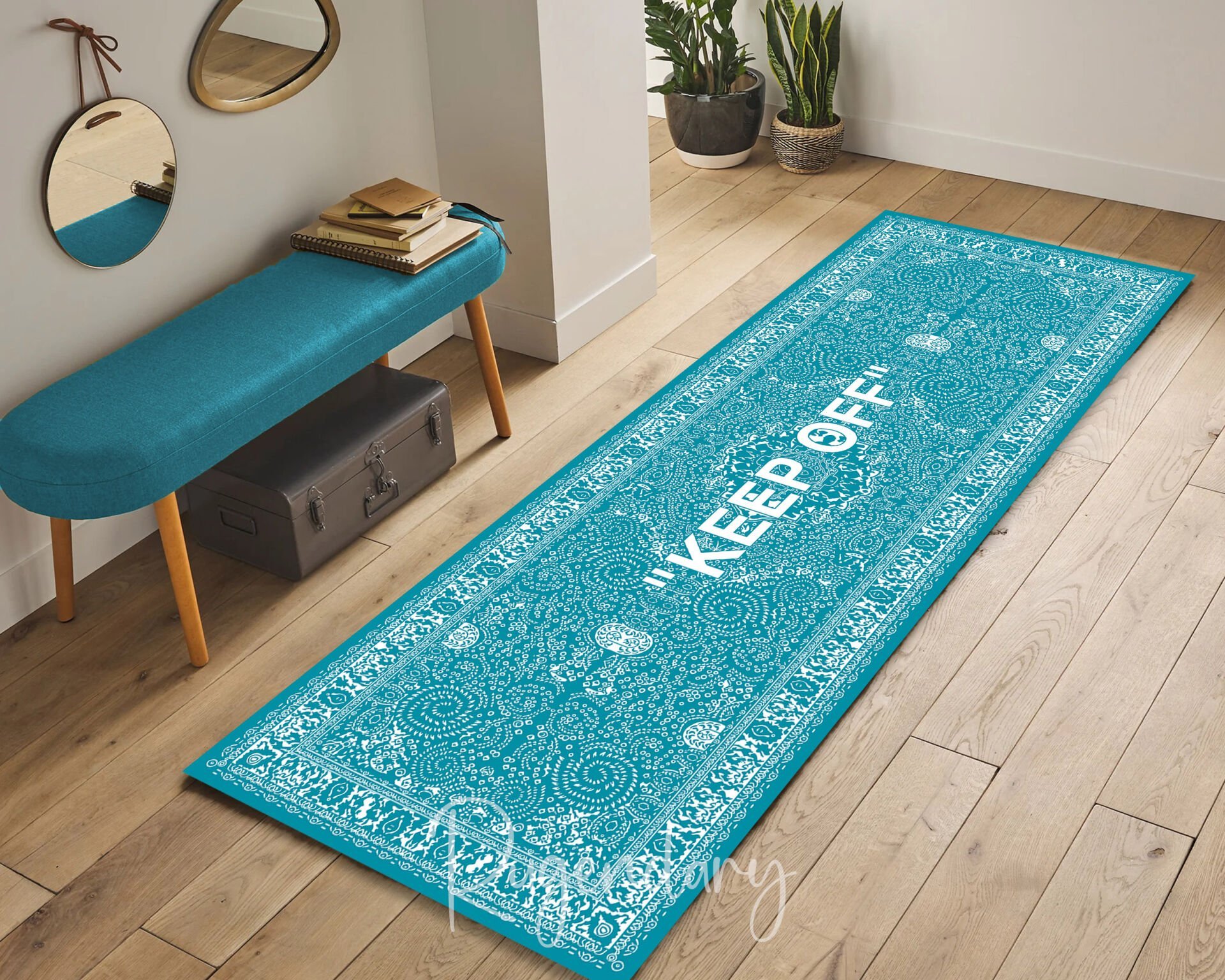 Turquoise Runner Rug with ''KEEP OFF'' Quote – Modern Decorative Hallway Carpet
