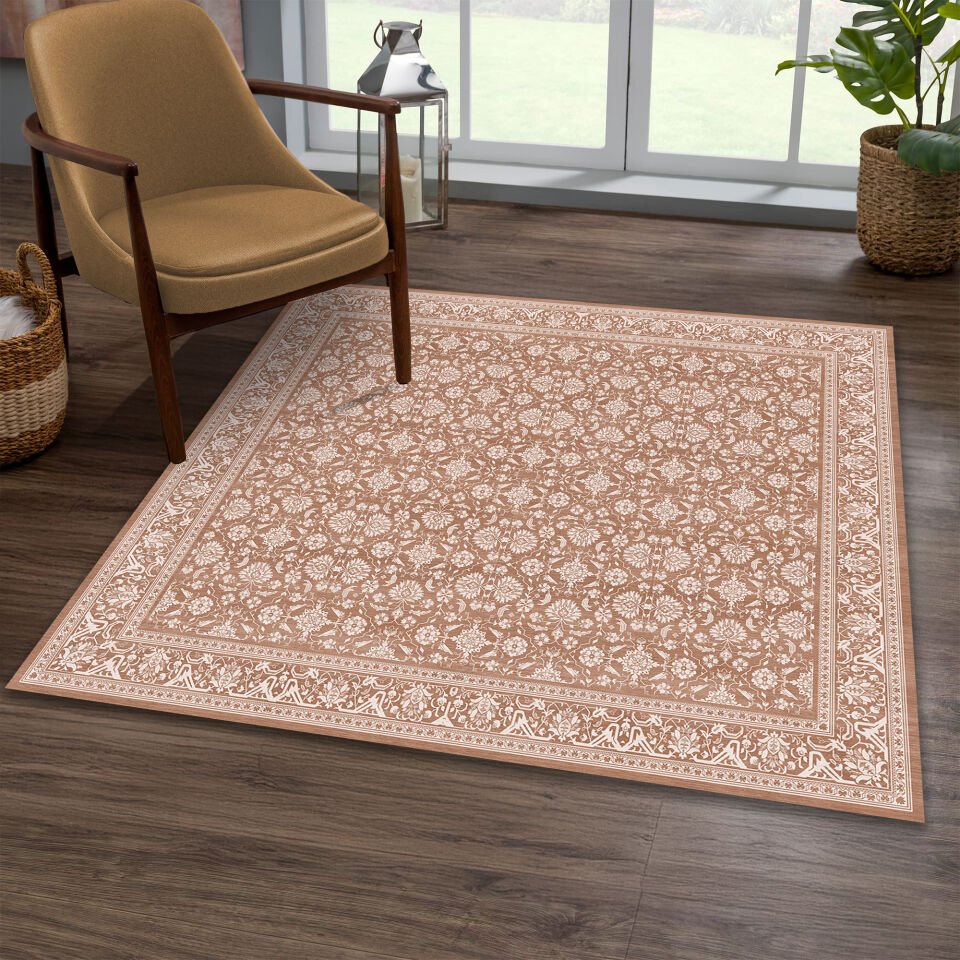 Brown Square Area Rug – Classic Floral Pattern Carpet for Living Room