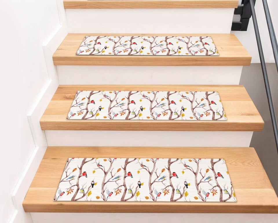 Autumn Branches & Birds Stair Treads – Watercolor Woodland Design