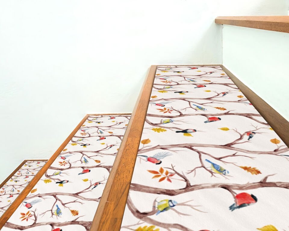 Autumn Branches & Birds Stair Treads – Watercolor Woodland Design