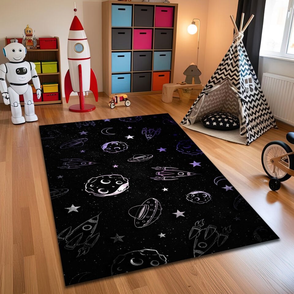 Glow-in-the-Dark Space Adventure Rug – Rockets, UFOs & Asteroids