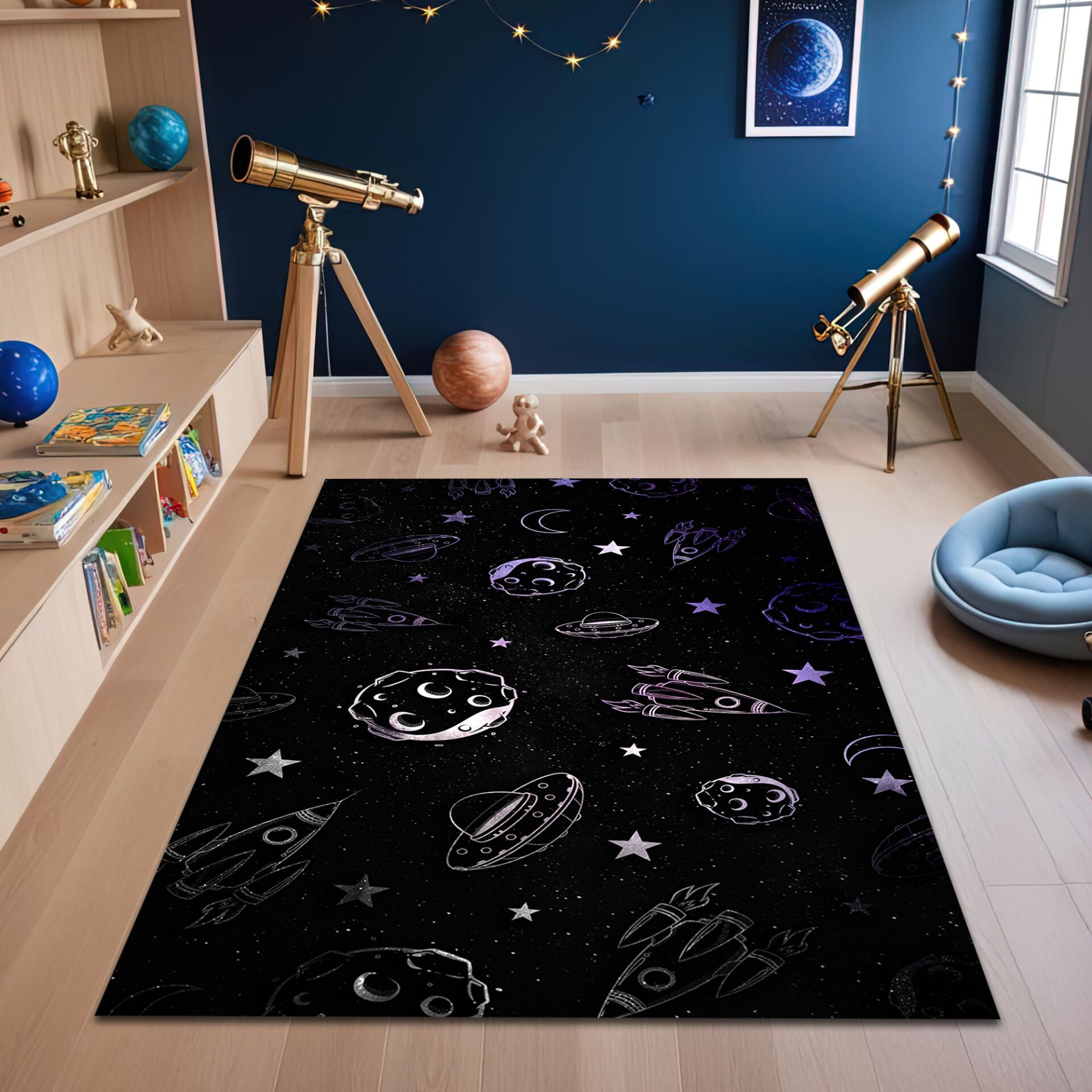 Glow-in-the-Dark Space Adventure Rug – Rockets, UFOs & Asteroids