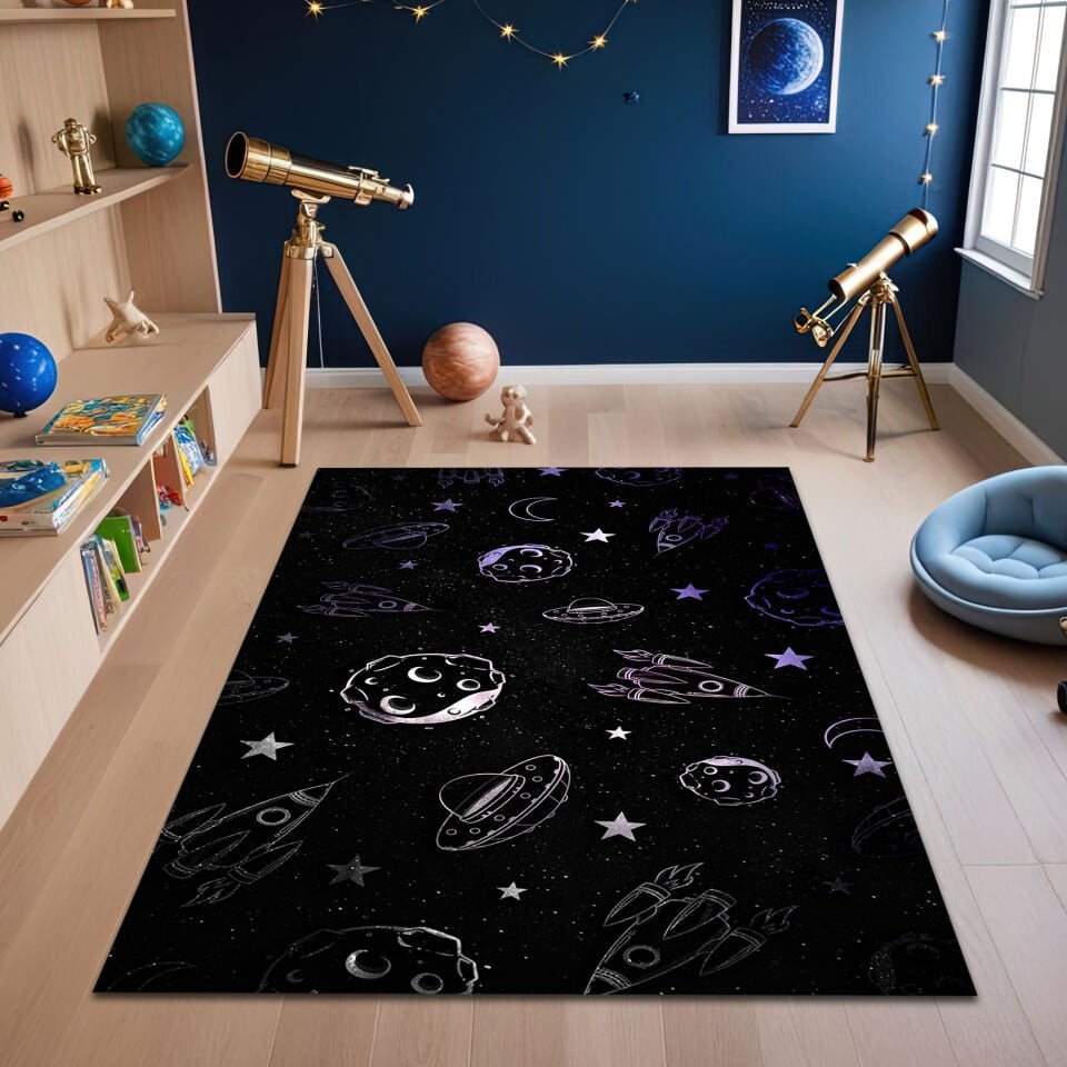 Glow-in-the-Dark Space Adventure Rug – Rockets, UFOs & Asteroids
