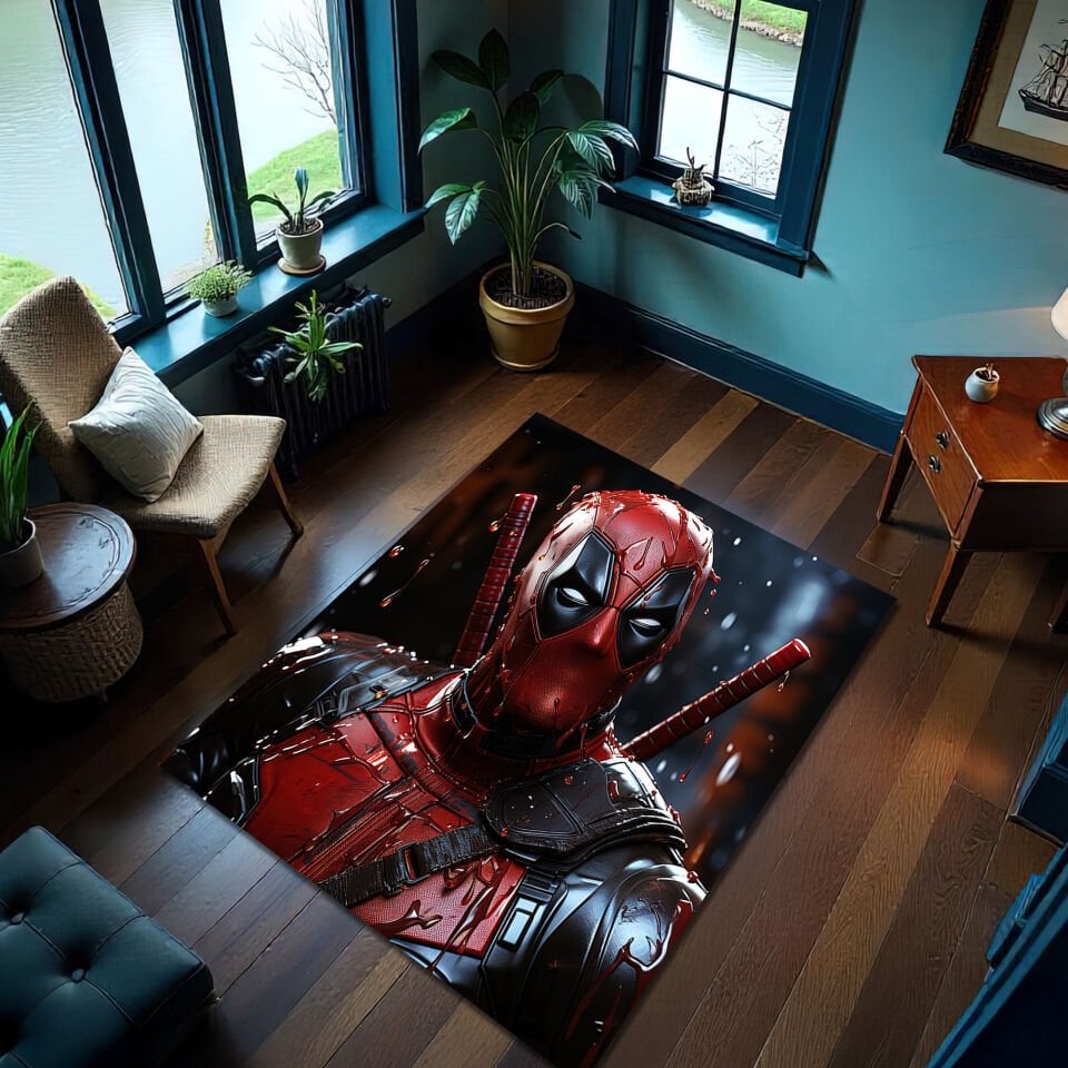 Bloody Deadpool Rug, Comic Style Floor Mat, Superhero Graphic Carpet