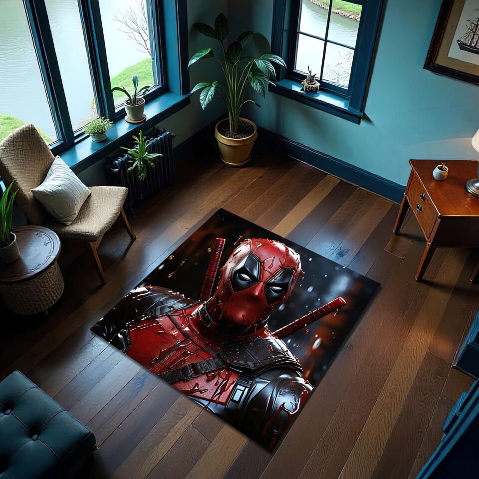 Bloody Deadpool Rug, Comic Style Floor Mat, Superhero Graphic Carpet