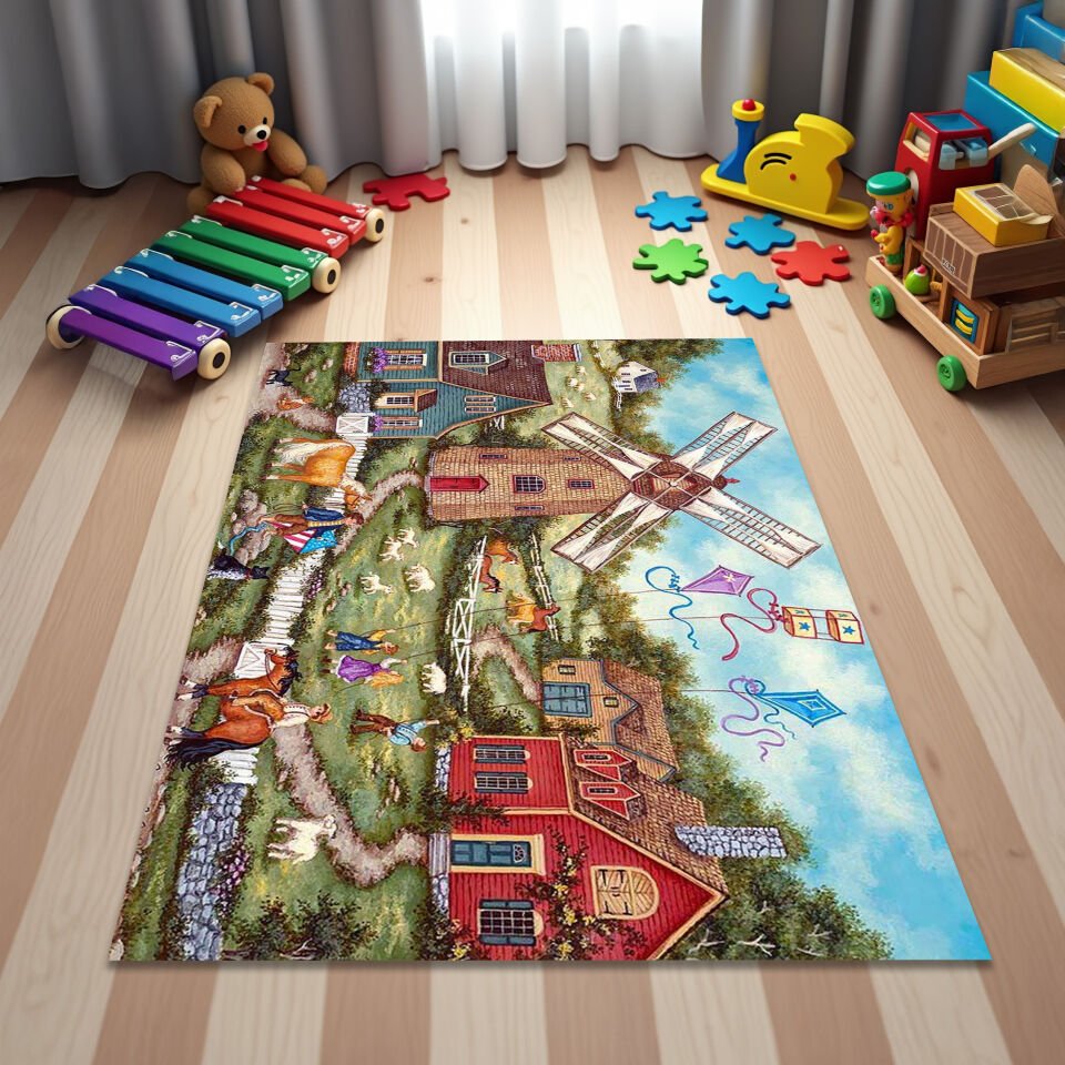 Vintage Farm Scene Kids Rug – Playroom Adventure Carpet