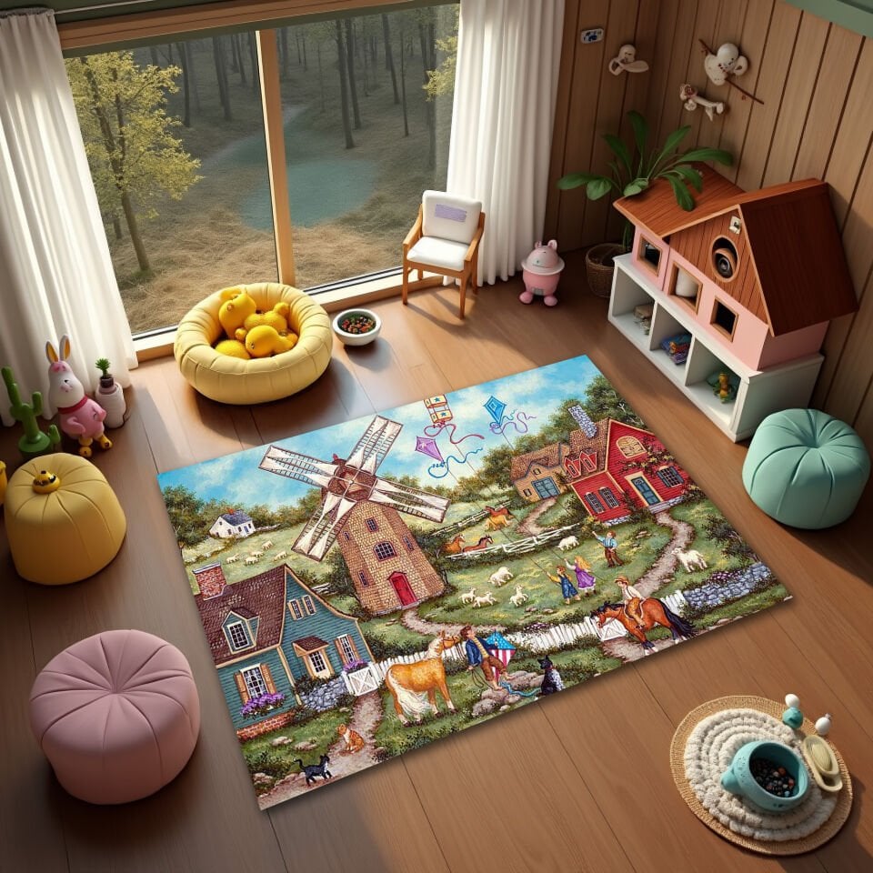 Vintage Farm Scene Kids Rug – Playroom Adventure Carpet